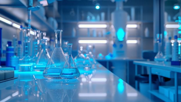 science room with lab props, bright background, soft blue light