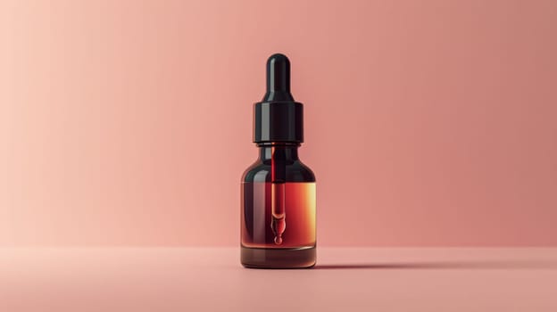 Dark Glass Bottle With Dropper On Plain Background .Copy Space.Layout For Cosmetic Tool