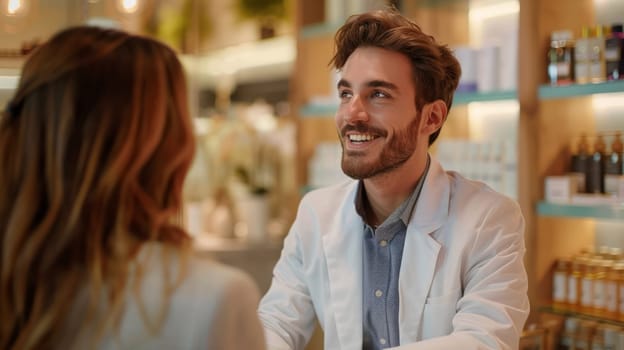 A young man in a light suit is smiling and talking to a woman. Interior in light colors in a cometics or perfumery store