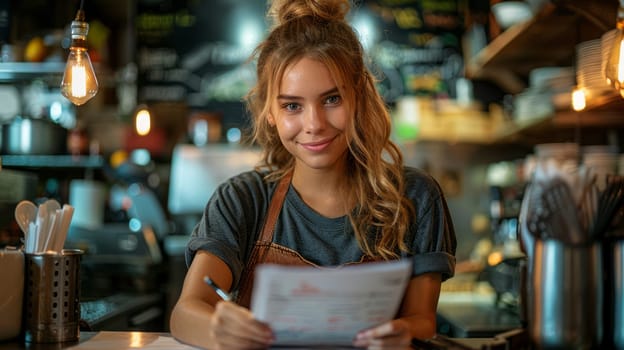 Portrait of a young cheerful waitress in a cafe behind the counter writing something in a notebook