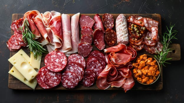 Top view of a meat plate with assorted meat and smoked meats. a delicious snack