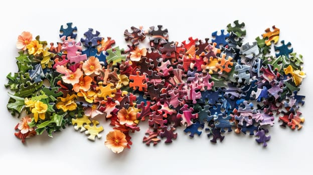 Disassembled puzzle lying in a pile of flowers, isolated on white background.top view