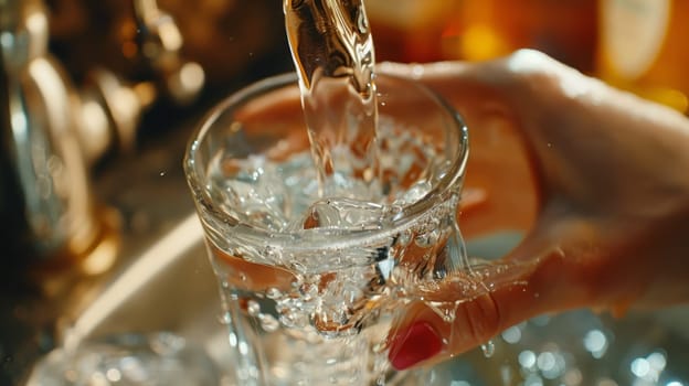 A close-up of a woman's hand holds a glass into which water is poured from the tap