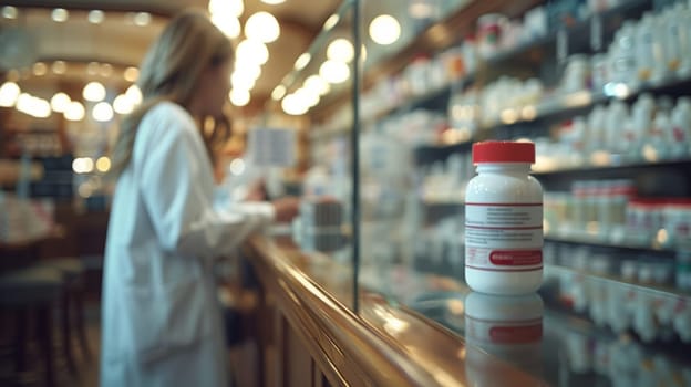 A bottle of medicine stands on a glass shelf in a display case. In the background, a female pharmacist in a white coat. The venue is a drugstore. hyperrealistic. photography --ar 16:9 --stylize 750 Job ID: a41b6082-7a44-4a70-88e1-8870c6e7037a