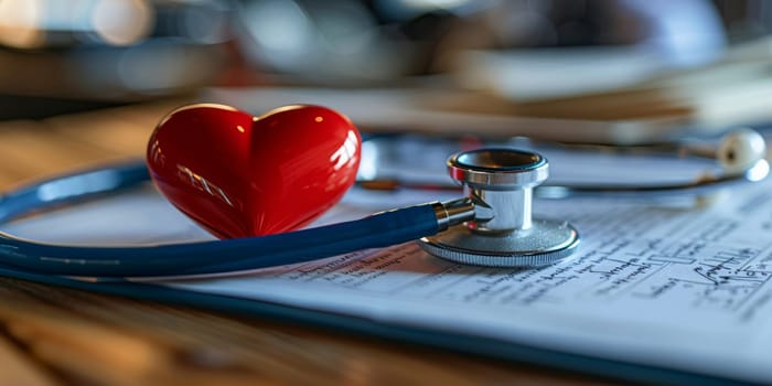 Heart and stethoscope on table with medical document, healthy heart concept, healthcare and medical facilities image