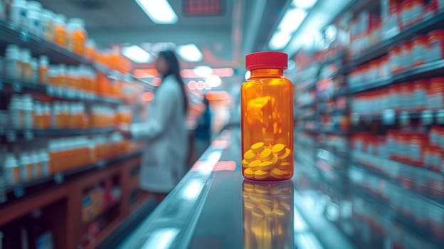 Orange bottle with pills on the pharmacy counter.On the blurred background of the pharmacist at the pharmacy shelves