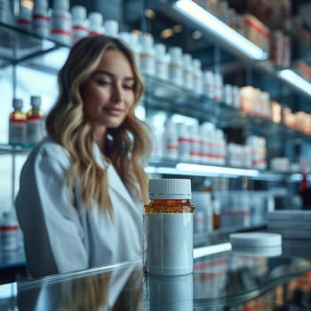 A bottle of medicine stands on a glass shelf in a display case. In the background, a female pharmacist in a white coat. The venue is a drugstore. hyperrealistic. photography ar 16:9 --stylize 750 Job ID: a289fec3-fd5d-4ab3-8cfa-2ef706ed0258
