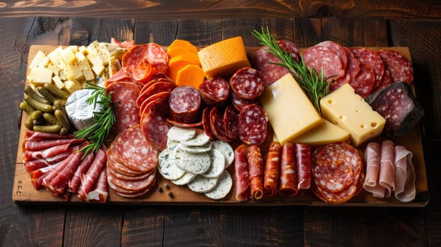 Top view of a meat plate with assorted meats and cheeses on a wooden board.