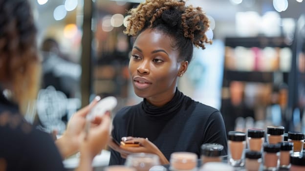 An African-American cosmetics seller and consults the buyer and shows him the product