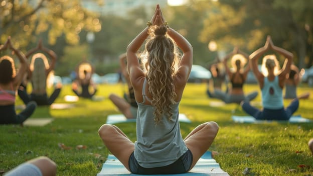 Yoga class in the park, in the sun, participants of different ages find peace through conscious movements and breathing.