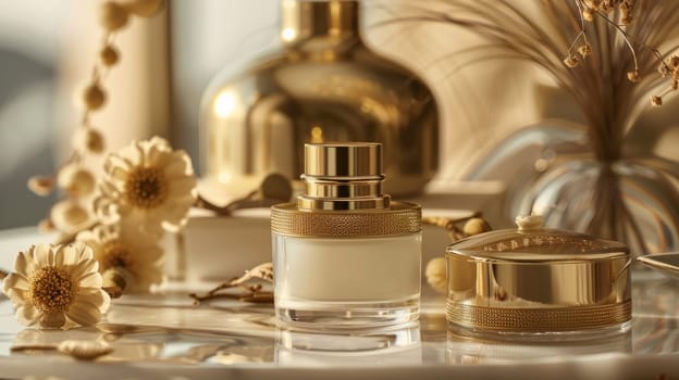 Luxurious packaging with gold accents. a jar of cream and a box of powder.beige gold decoration among light flowers