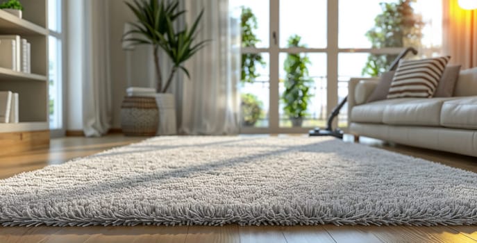 White carpet in cozy bright living room with white sofa and greenery, vacuum cleaner in the distance by the window