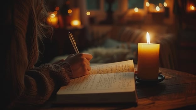 Woman with long hair writing in notebook by candlelight.fabulous or festive atfmosphere
