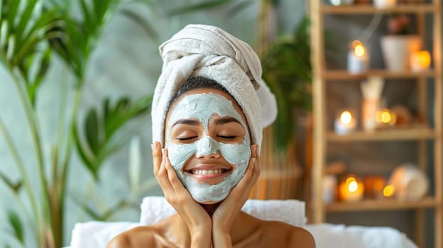 A woman with a towel wrapped around her head enjoys relaxing spa treatments. with a face mask in a soothing and serene environment under the soft light of candles.