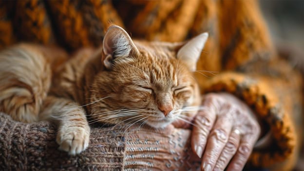 Elderly Man Holding Sleeping Cat on Lap.Therapeutic and Comforting Bond Between Pets and Their Owners