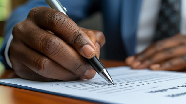 The hand of a man in a blue business suit signs a document with a fountain pen.Business, suitable for legal, corporate or formal content.