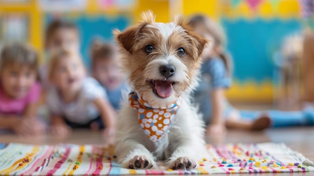 Adorable puppy in colorful bandana on rug in lively and bright environment with children in background