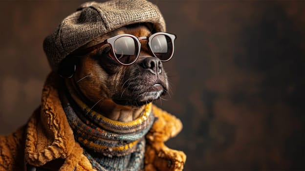 A dog dressed in a stylish yellow outfit with a hat and sunglasses confidently poses as a model.copy space