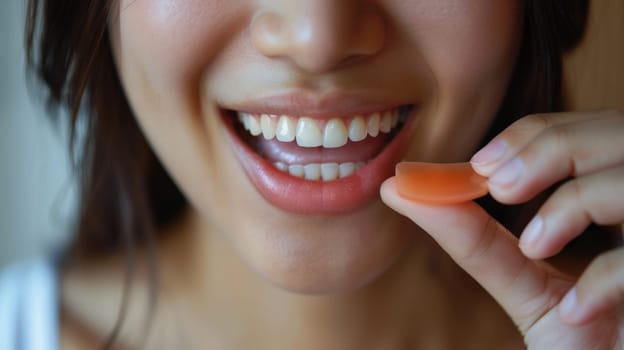 A young woman holds a dissolving disc of pink candy and brings it to her mouth. a person expressing joy.