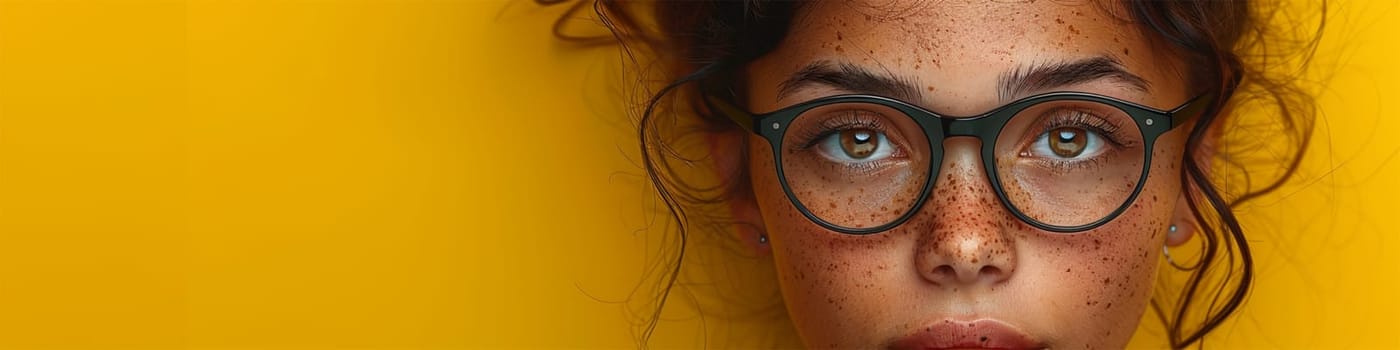 Eyes of a woman wearing glasses looking straight ahead, isolated on a yellow background on the right side of the .copy space.banner.