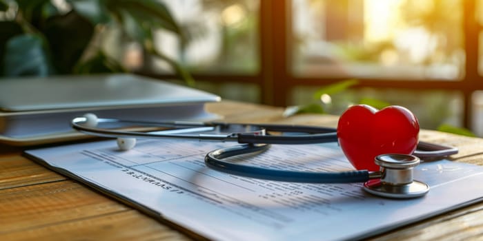 Heart and stethoscope on medical document.healthy heart and health care concept
