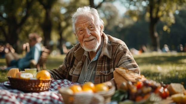 A gray-haired old man in a checkered jacket sits at a table in the park on a sunny day. There are fruits and vegetables on the table. Leisure and recreation concept
