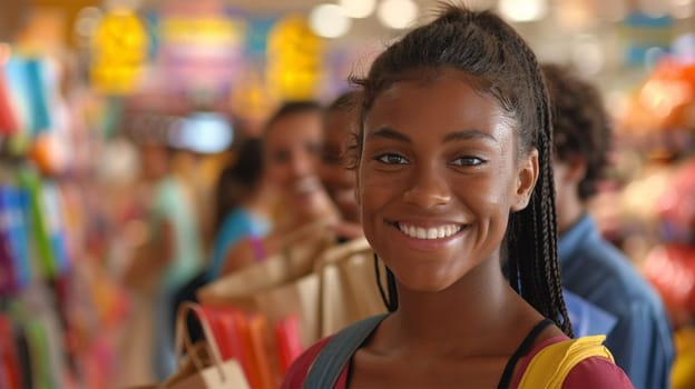 cheerful young woman in a store on sale against the background of cheerful shoppers with purchases and bags