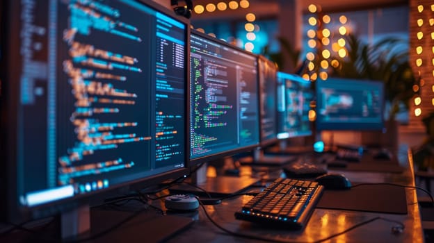 The many computer screens that display complex data and codes highlight the world of information technology. Modern Office Environment
