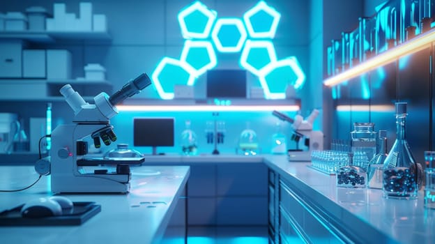 science room with microscope, laboratory props, bright background, soft blue light