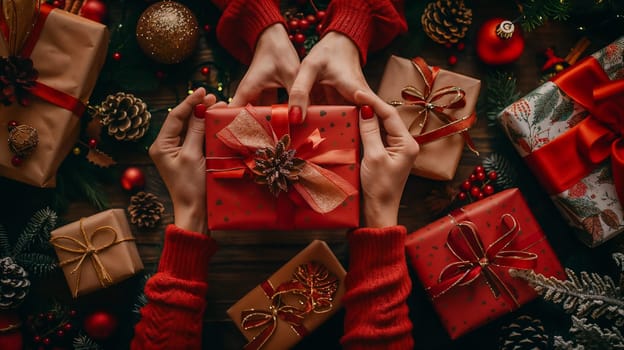 two pairs of hands in red sweaters giving and receiving christmas gift box on background of many festive boxes. Luxury gift wrapped with red ribbon and bow.