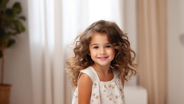 Smiling young girl with curly hair in a cheerful, confident expression.