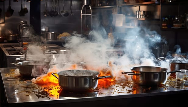 Commercial kitchen with fire on stove and pots, illustrating cooking mishap and safety challenges