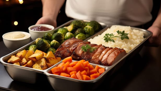 Healthy and balanced meal with various fresh vegetables, meat, and side dishes on a tray. Concept of nutritious, homemade food, balanced diet, and culinary preparation.