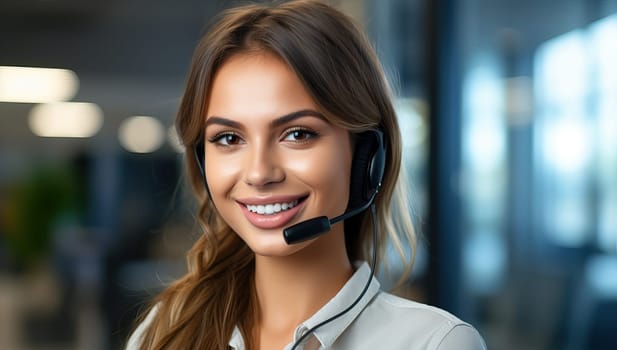 Smiling young female customer service representative wearing headset and looking at camera in modern office setting.