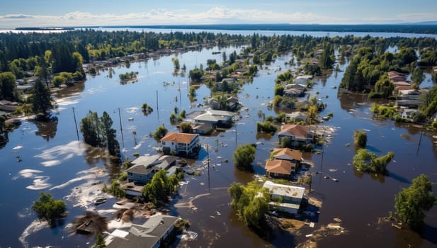 Aerial view of flooded residential neighborhood with submerged houses and vehicles due to natural disaster or severe weather event.
