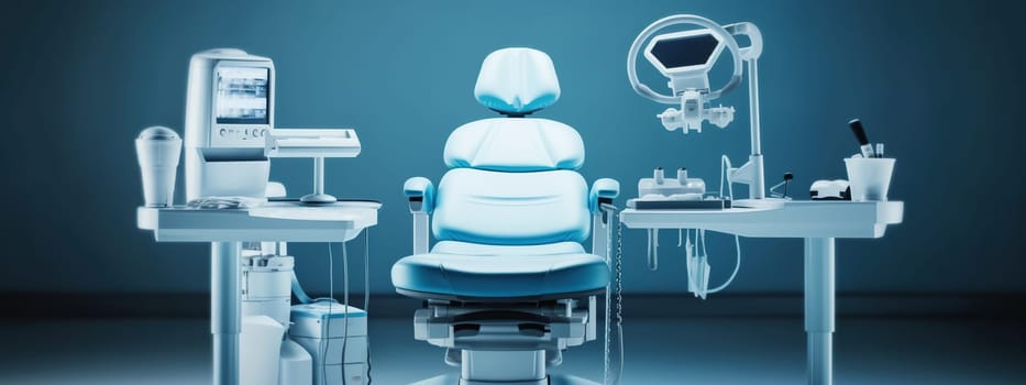 Medical dental clinic chair and workstation, various tools and equipment, AI Generated content