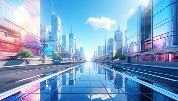 Futuristic, high tech city with modern skyscrapers, elevated transit, and reflective surfaces. Concept of smart technology, urban development, and innovative architecture.