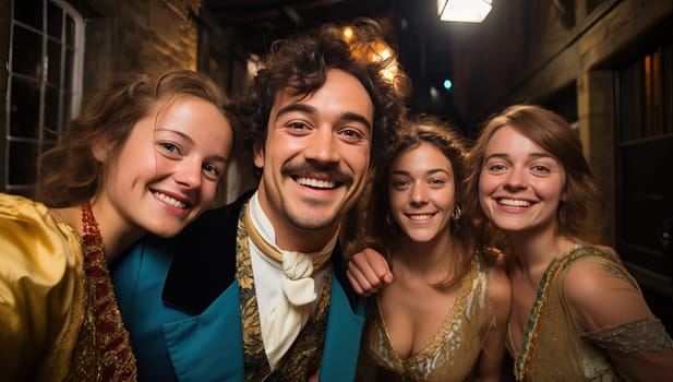 Cheerful group of 1970s styled friends smiling and embracing at a lively party or event.