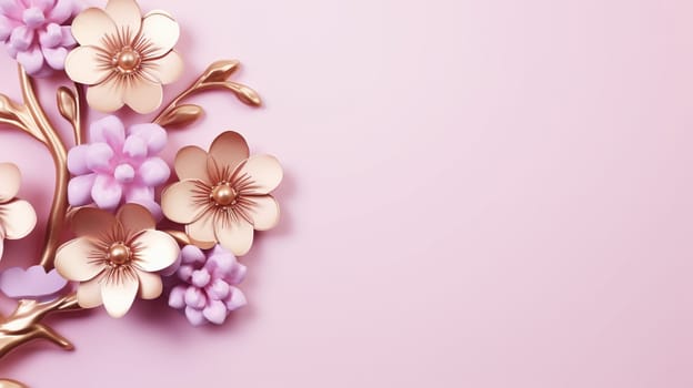 Beautiful delicate spring floral arrangement with pink and white flowers against a pastel pink background