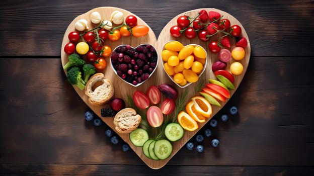 Colorful heart shaped arrangement of assorted fresh fruits including strawberries, blueberries, kiwi, bananas, and grapes. Healthy eating and lifestyle concept.