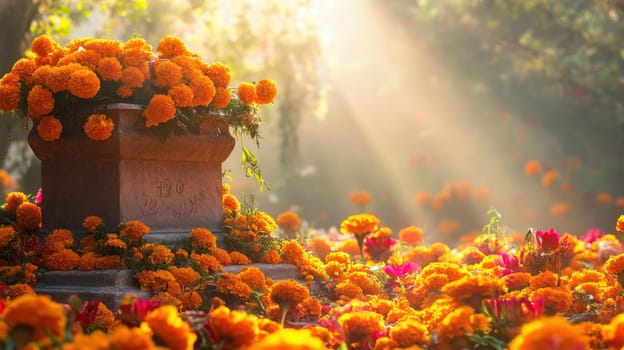 Day of the Dead altar with cempasuchil flowers, Traditional Mexican celebration.