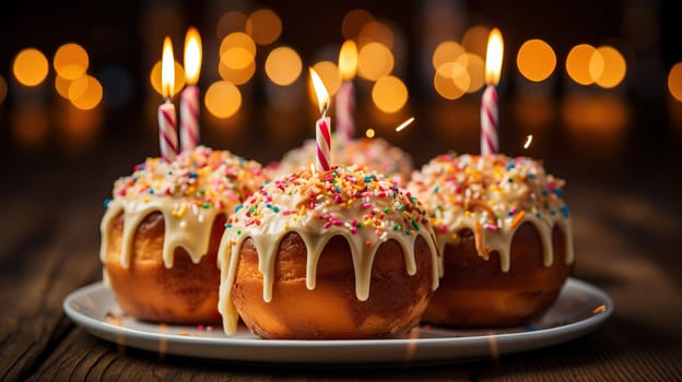 Delicious birthday cake with lit candles and sprinkles, on a plate with warm, festive lighting.