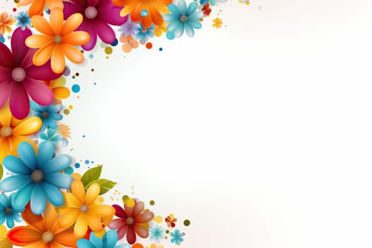 Vibrant and colorful floral border frame with assorted blooming flowers and petals against a clean white background.