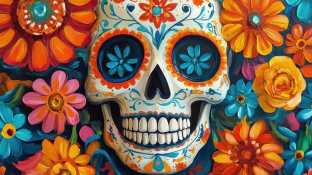 Sugar Skull with Flowers, Dia de los Muertos Celebration, Vibrant Colors
