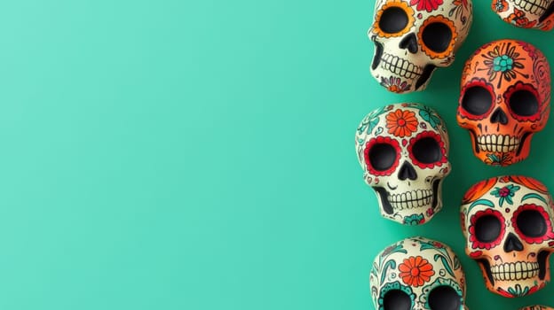 Day of the Dead, Dia de los Muertos colorful sugar skull pattern on turquoise background with copy space