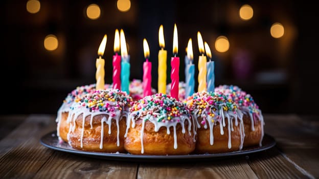 Festive birthday cake with colorful candles and sprinkles against a dark background with bokeh lighting.