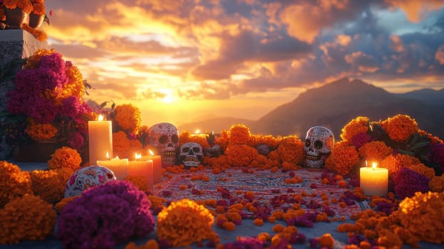 Day of the Dead altar with sugar skulls, marigolds and candles at sunset, Dia de Muertos celebration