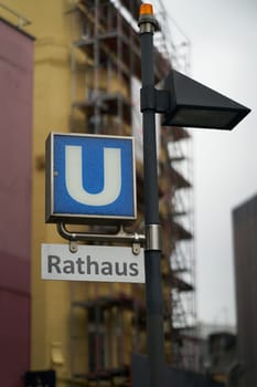 Sign for the subway station Rathaus, city hall, in the old town of Cologne in Germany
