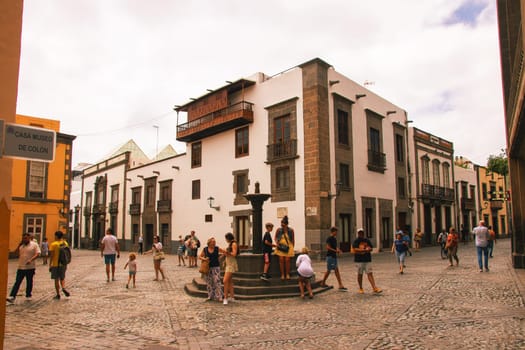 Gran Canaria, Spain, Las Palmas - Jul 22, 2024. Tourists in the Plaza del Pilar Nuevo at the Columbus Museum in the historic old town of Las Palmas.