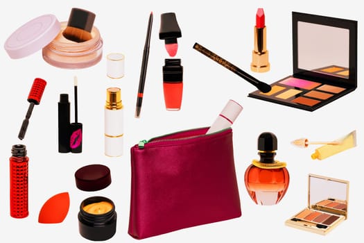 Collage of make up cosmetics and tools. Set of make up brush, lipsticks, skin care products, eye shadows powder, creames for face and other beauty accessories isolated on a white background.